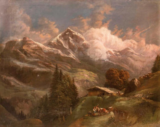 Gustav Barbarini - Belebte Hochalm mit Blick auf Alpengipfel.webp