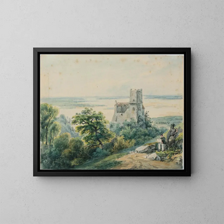 Gustav Barbarini - Landschaft am Meer mit Blick auf eine Ruine.webp