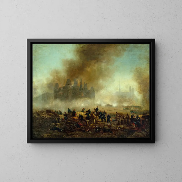 L'Hôtel de Ville sytytetty ja hyökkätty Versaillesin joukkojen toimesta - Gustave Boulanger — kehystetty taideteos seinällä