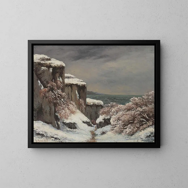 Kallioita meren rannalla lumisateessa - Gustave Courbet — kehystetty taideteos seinällä