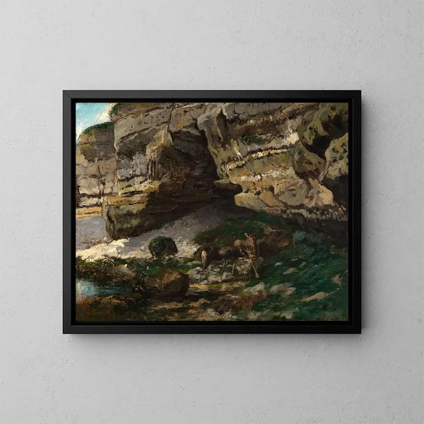 Kallioinen maisema ja peurat - Gustave Courbet — kehystetty taideteos seinällä
