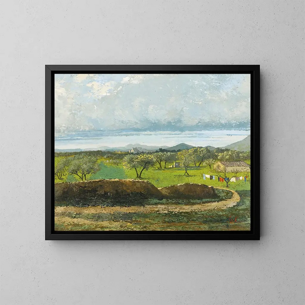 maisemasta seinän ja hedelmätarhan kanssa - Gustave Courbet — kehystetty taideteos seinällä