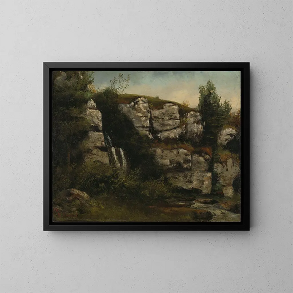 maisemasta jyrkänneistä ja vesiputouksesta - Gustave Courbet — kehystetty taideteos seinällä