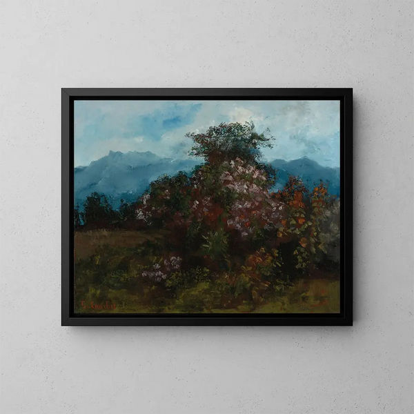 maisemasta kukkakedolla - Gustave Courbet — kehystetty taideteos seinällä