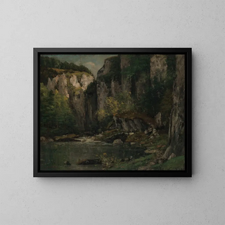 Joki ja kalliot - Gustave Courbet — kehystetty taideteos seinällä