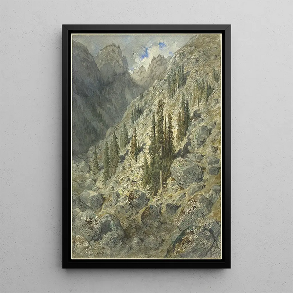 Alppilaakso puineen ja kallioineen - Gustave Doré — kehystetty taideteos seinällä