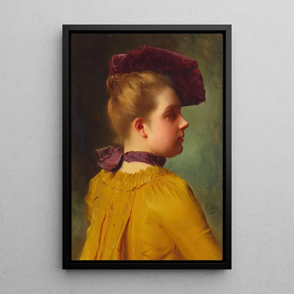 Muotokuva luumuhattuisesta naisesta - Gustave Jean Jacquet — kehystetty taideteos seinällä