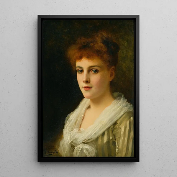 Kaunotar kastanjanruskeilla hiuksilla - Gustave Jean Jacquet — kehystetty taideteos seinällä