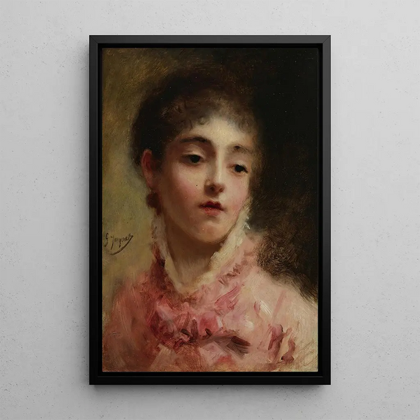 Nuori nainen vaaleanpunaisessa mekossa - Gustave Jean Jacquet — kehystetty taideteos seinällä