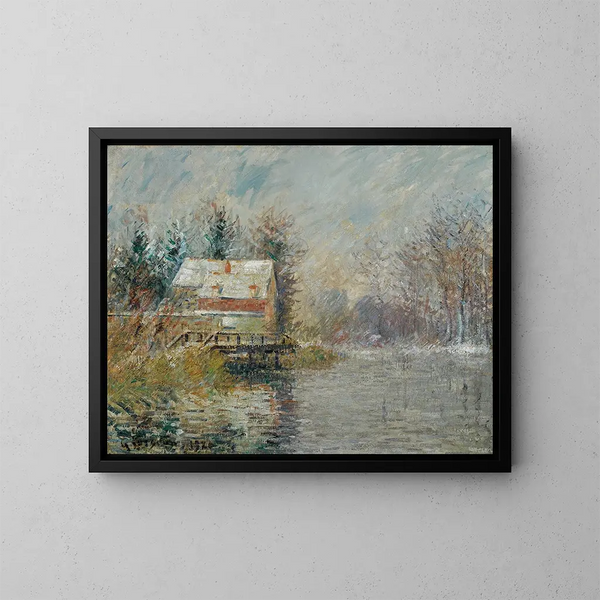 Talo veden äärellä, lumitehoste - Gustave Loiseau — kehystetty taideteos seinällä