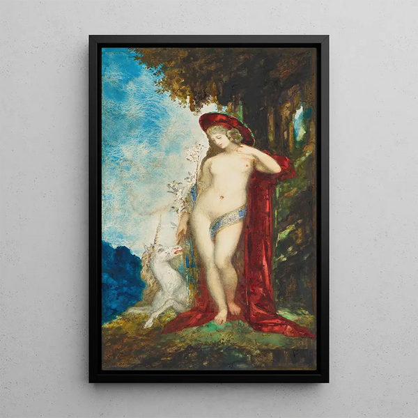 Nainen ja yksisarvinen - Gustave Moreau — kehystetty taideteos seinällä
