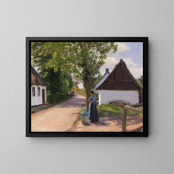 Rue de village danoise avec paysanne et laitier - Hans Andersen Brendekilde — kehystetty taideteos seinällä