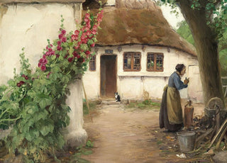 Hans Andersen Brendekilde - En kone ved et bondehus med rde stokroser.webp