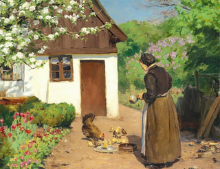 Hans Andersen Brendekilde - Hnsene fodres foran det hvidkalkede bondehus en sommerdag.webp