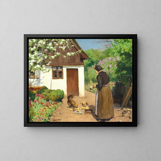 Hans Andersen Brendekilde - Hnsene fodres foran det hvidkalkede bondehus en sommerdag.webp