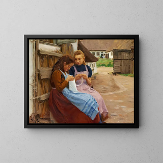 Hans Andersen Brendekilde - To piger med hndarbejde siddende p en grdsplads.webp