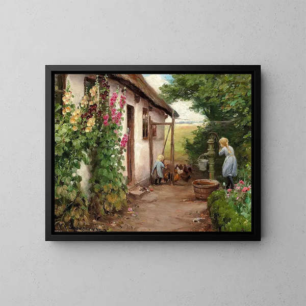 "Devant la maison de paysan" - Hans Andersen Brendekilde — kehystetty taideteos seinällä