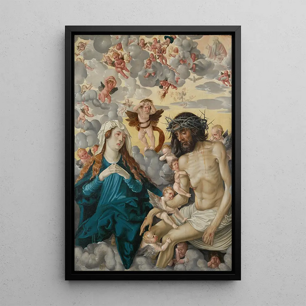 Kärsivä mies, jota surevat Maria ja enkelit - Hans Baldung — kehystetty taideteos seinällä