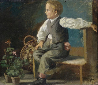 Hans Thoma - A young boy on a bench with flower pots and a wicker basket.webp