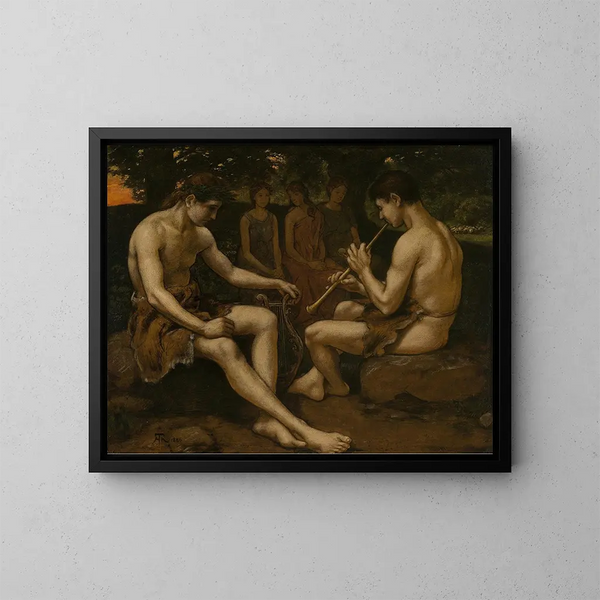 Apollon ja Marsyas - Hans Thoma — kehystetty taideteos seinällä