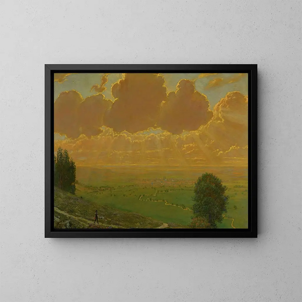 Auringonsäde Sckingenissä, Musta metsä, signeerattu taiteilijan initials ja päivämäärällä 1910 - Hans Thoma — kehystetty taideteos seinällä