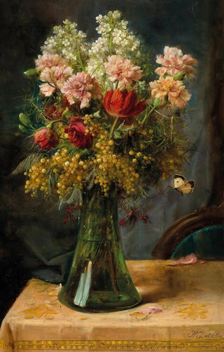 Hans Zatzka - A Bouquet of Flowers with Tulips and Carnations in a Glass Vase with Butterfly.webp