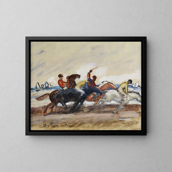 Jockeys lors d'une course sur la plage - Hans von Faber du Faur — kehystetty taideteos seinällä