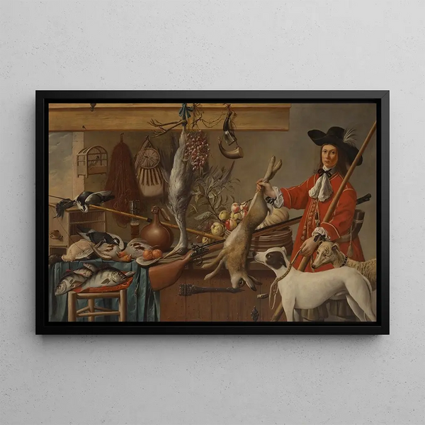 Harmen Steenwijck - A huntsman holding a dead hare with his two dogs.webp