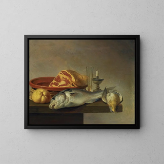 Harmen Steenwyck - Still Life With A Ham A Fish A Candle And Other Objects Arranged On The Edge Of A Tabletop.webp