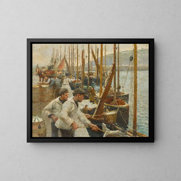 Bateaux de pêche à Newlyn - Harold Harvey — kehystetty taideteos seinällä