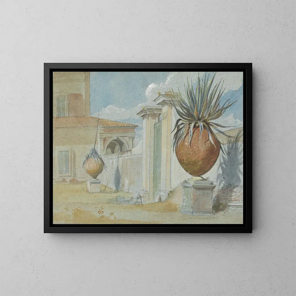 Villa Massimi, porte de Rome flanked by palm trees in large terracotta jars - Harry John Johnson — kehystetty taideteos seinällä