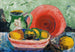 Luonnonkuva still life punaisella lautasella, kannulla ja sitruksella - Hedwig Wagner — näkymä teoksesta