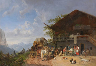 Heinrich Brkel - Rast vor einem Gasthof in den Bergen.webp