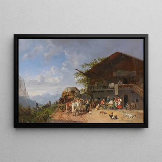 Heinrich Brkel - Rast vor einem Gasthof in den Bergen.webp