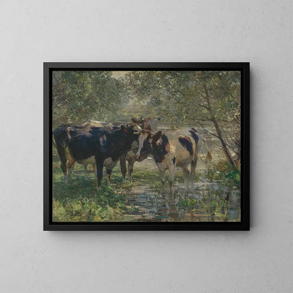 Trois vaches au bord d'une rivière - Heinrich von Zügel — kehystetty taideteos seinällä