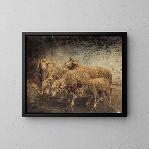 Moutons dans une grange - Heinrich von Zügel — kehystetty taideteos seinällä