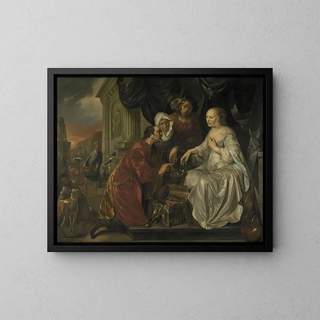 Rebecca vastaanottaa lahjoja Abrahamin palvelijalta - Hendrick Heerschop — kehystetty taideteos seinällä