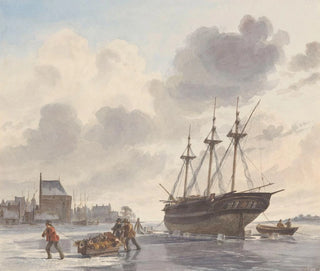 Hendrik Abraham Klinkhamer - Schip in het ijs op een rivier bij een stad.webp
