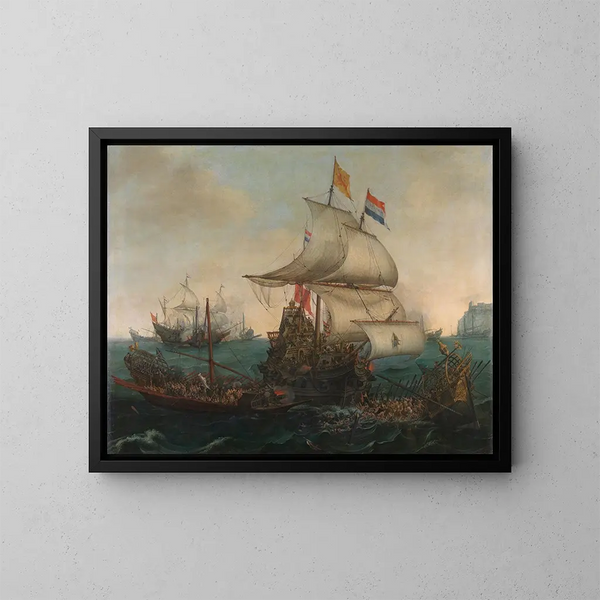 Alukset, jotka törmäsivät espanjalaisiin galereihin Englannin rannikolla, 3. lokakuuta 1602 - Hendrik Cornelisz Vroom — kehystetty taideteos seinällä