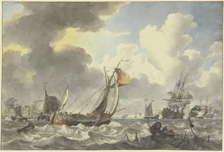 Hendrik Kobell - Bewegte See viele Schiffe laufen aus vorne rechts ein Fischerboot in welchem ein Netz gezogen wird.webp