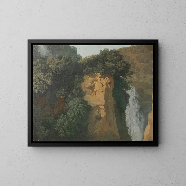 Falaises envahies avec une cascade en Italie, peut-être à Tivoli - Hendrik Voogd — kehystetty taideteos seinällä