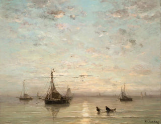 Kalastajalaivat auringonlaskussa - Hendrik Willem Mesdag — näkymä teoksesta