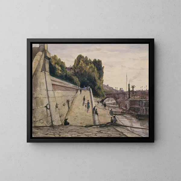 Les Bains de la Samaritaine, la Seine sur le quai du Louvre, 1er arrondissement - Henri-Joseph Harpignies — kehystetty taideteos seinällä