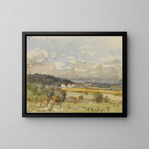 Maisema muutamalla mökillä - Henri-Joseph Harpignies — kehystetty taideteos seinällä