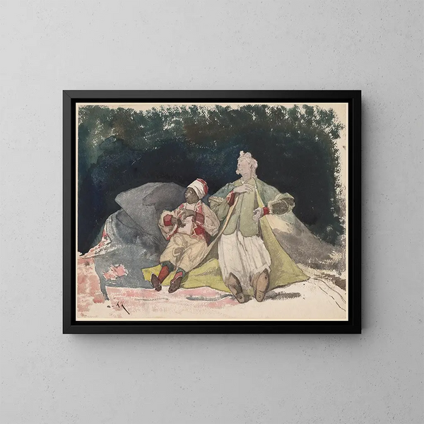 Kaksi nukkea tai marionettia istumassa tyynyillä - Henri-Joseph Harpignies — kehystetty taideteos seinällä