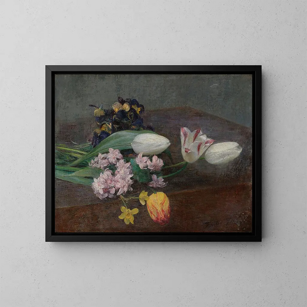 Jacinthes, tulipes ja ajatukset asetettu pöydälle - Henri Fantin-Latour — kehystetty taideteos seinällä