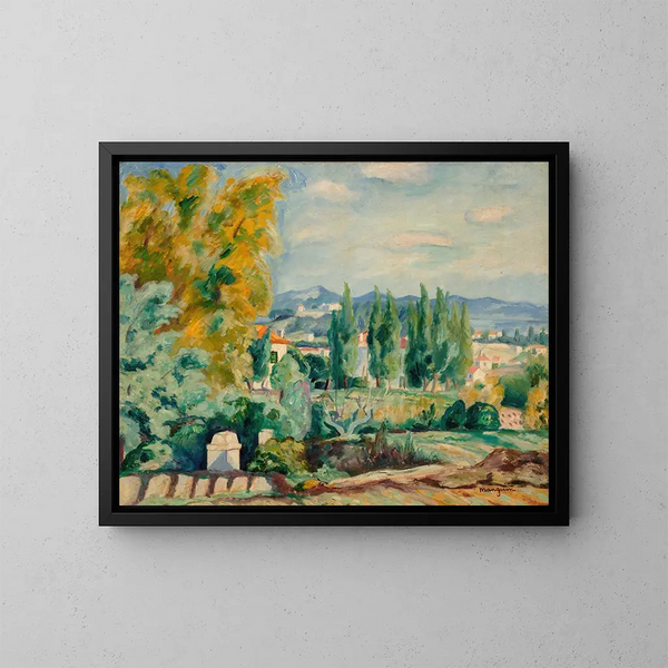Maisema- Saint-Tropez'n ympäristössä - Henri Manguin — kehystetty taideteos seinällä