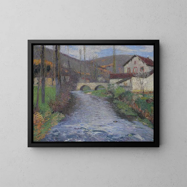 L'école ja silta vihreän Labastide-du-Vertin yli - Henri Martin — kehystetty taideteos seinällä