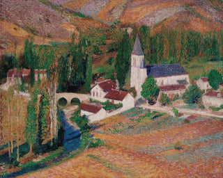 L Labastide-du-Vertin kirkko ja silta ja joki erään syksyisenä iltana - Henri Martin — näkymä teoksesta
