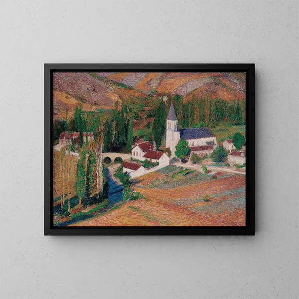 L Labastide-du-Vertin kirkko ja silta ja joki erään syksyisenä iltana - Henri Martin — kehystetty taideteos seinällä